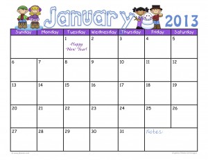 January 2013 calendar grid with kids and snowmen