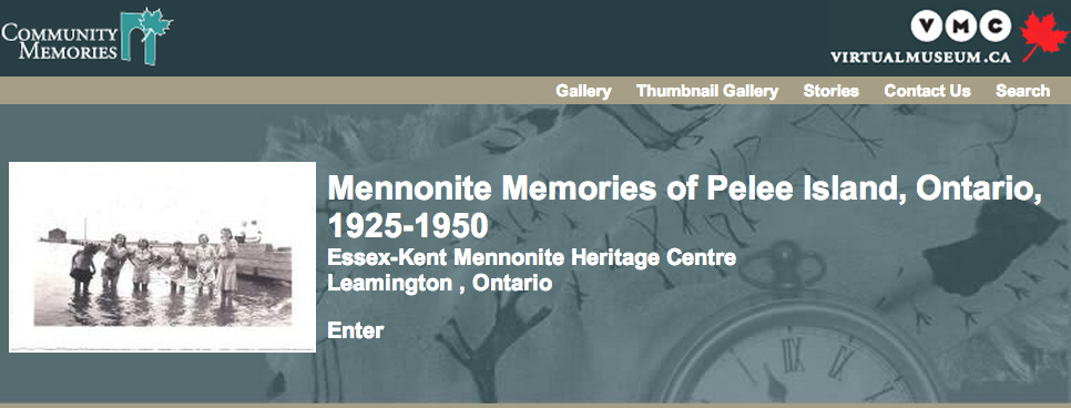 Front page of Mennonite Memories of Pelee Island, 1925-1950 website shows heading and photo of young women eating apples standing in the lake