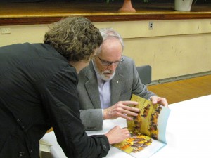 Cathy Schartner asked Mr. Wiebe to sign his book, Hidden Buffalo.  As one of the Librarians at LUMC, she plans to add this book to the children's section of the church library.