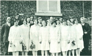 Baptismal Group 1928. Front row: Agnes barkowsky, Mary Schellenberg, Justa braun, Anna Wiens, Liese  Tiesasen, Agnes Enns, Liese Rempel,Anna Toews, Erna Hamm, Helen Schroeder: Second   Row: Rev. Johmn Dick, Henry Koop, John Barkowsky, Johen Toews, Nick Tiessen, John Braun, David Dick, Gerhard Schellenberg, Rev. J.H. Janzen