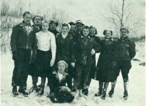 A skating party in 1939. Sitting: Helen Schellenberg. Standing: Rudy  Dyck, Jake Rempel, Helen Loewen, Peter Driedger, Mary Willms, Kathe  Dick, Geo. B. Konrad, Helen Willms, Kathe Driedger, Agatha Driedger, Jacob  Lepp.  