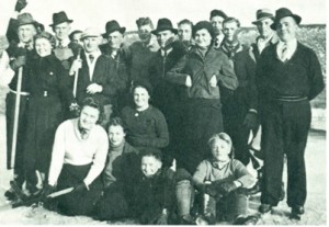 Skating party in 1936. From left to right, sitting:Helen Dyck, Helen Loewn, Margaret Janzen, Edgar Dyck, herman Tiessen. Standing: Peter Tiessen, lifting arm ------?, Nick tiessen,?, Dick Hildebrand, Abram B. Konrad, John Willms, Jake Lepp,, Ed Willms, Mary janzen,, Dick Walde, Jake Tiessen, ? Unger, John Martens. 