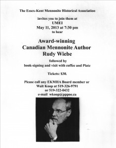 Author Rudy Wiebe to Speak in Leamington May 11, 2013