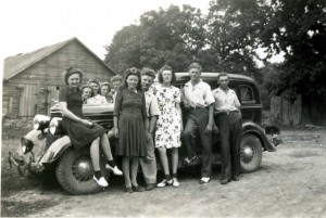 Gathered around Jacob Heinrich's 1935 Dodge car