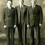 Abram Epp, centre, with brothers Peter and Henry Johnson. 1947, Leamington, Ontario